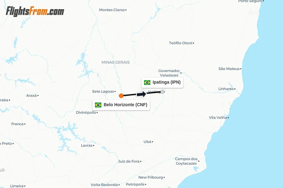 Flights from Belo Horizonte to Ipatinga route map