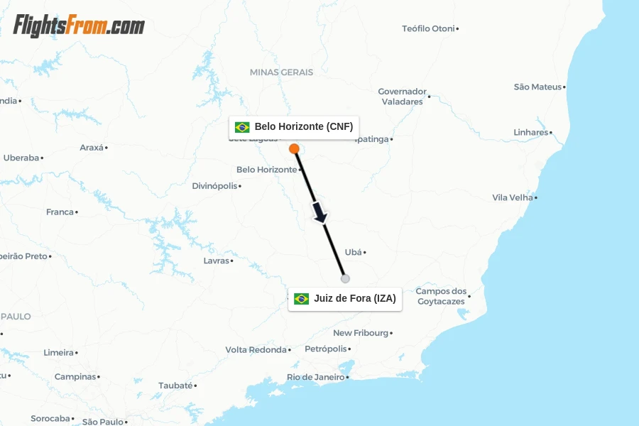 Flights from Belo Horizonte to Juiz de Fora route map