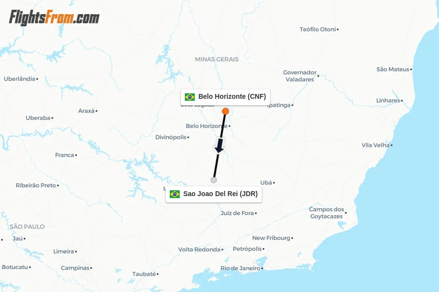 Flights from Belo Horizonte to Sao Joao Del Rei route map