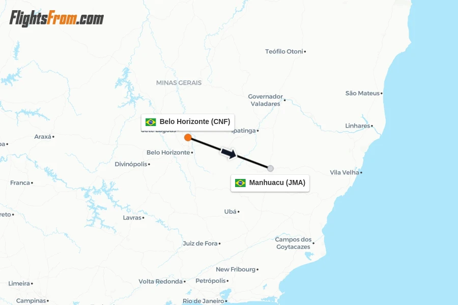 Flights from Belo Horizonte to Manhuacu route map