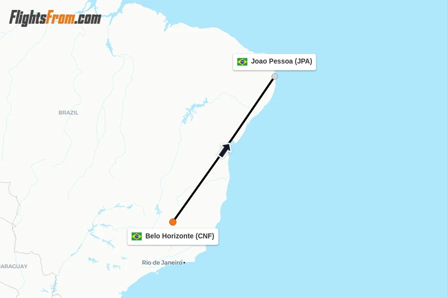 Flights from Belo Horizonte to Joao Pessoa route map