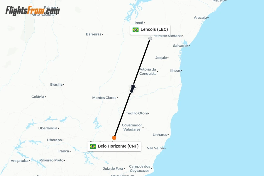 Flights from Belo Horizonte to Lencois route map