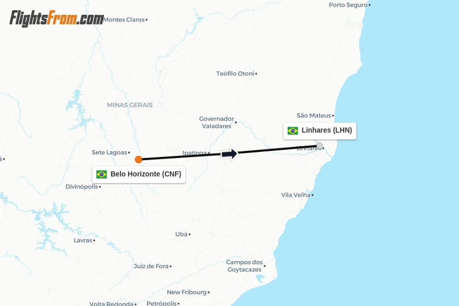 Flights from Belo Horizonte to Linhares route map