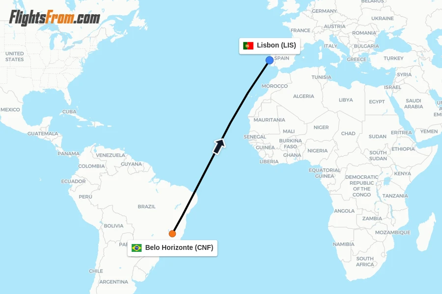 Flights from Belo Horizonte to Lisbon route map