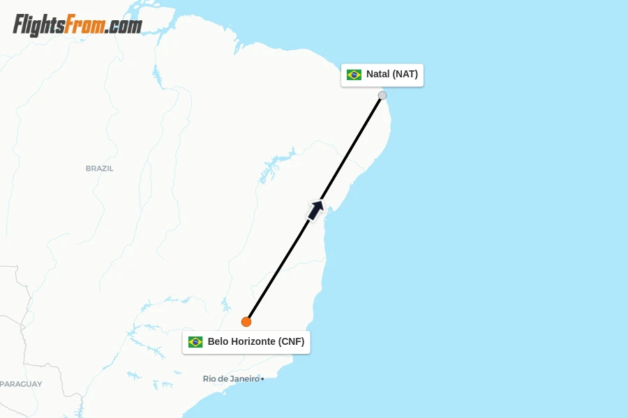 Flights from Belo Horizonte to Natal route map