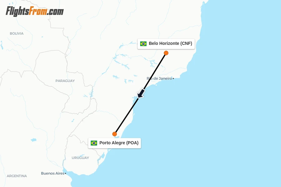 Flights from Belo Horizonte to Porto Alegre route map