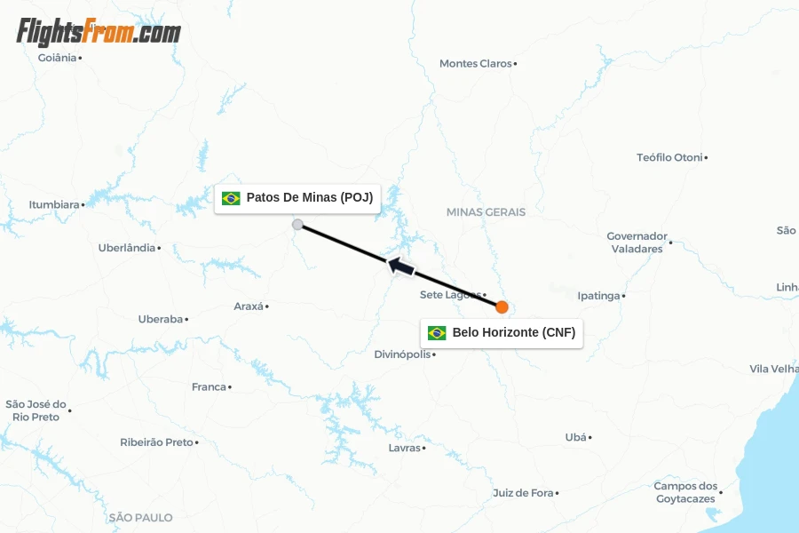 Flights from Belo Horizonte to Patos De Minas route map