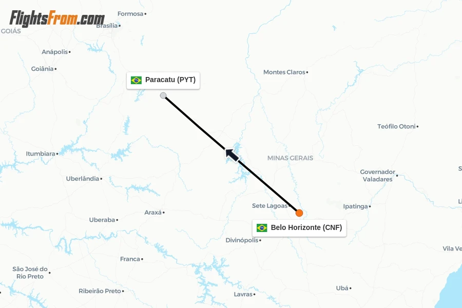 Flights from Belo Horizonte to Paracatu route map
