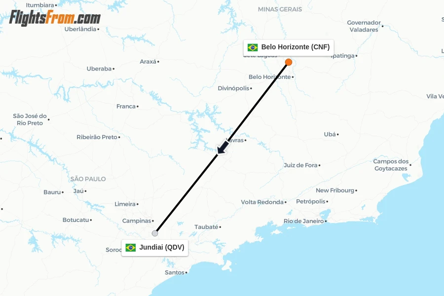 Flights from Belo Horizonte to Jundiai route map