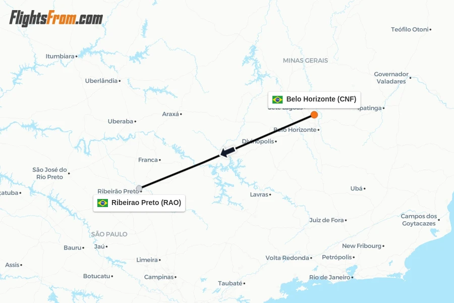 Flights from Belo Horizonte to Ribeirao Preto route map