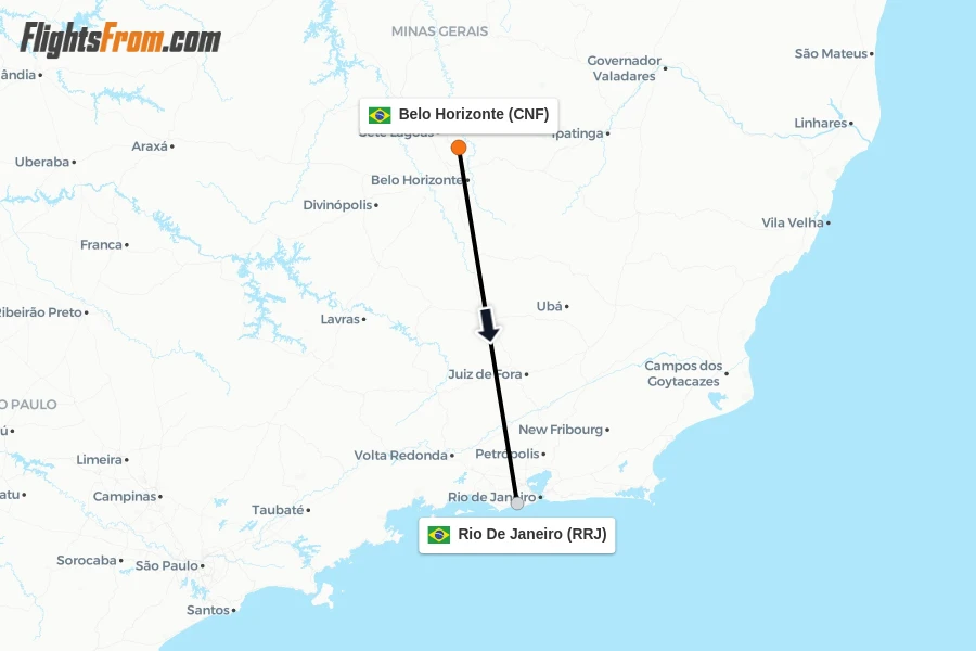 Flights from Belo Horizonte to Rio De Janeiro route map