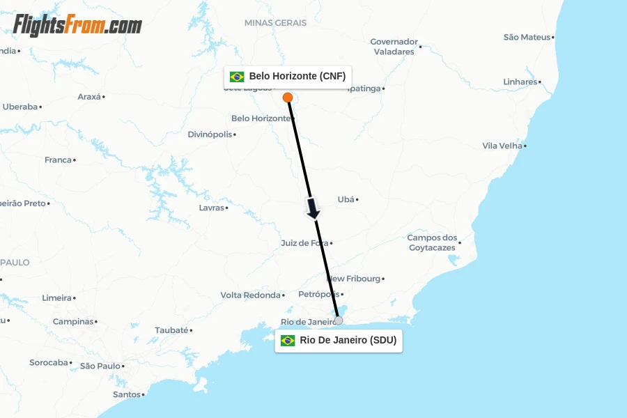 Flights from Belo Horizonte to Rio De Janeiro route map
