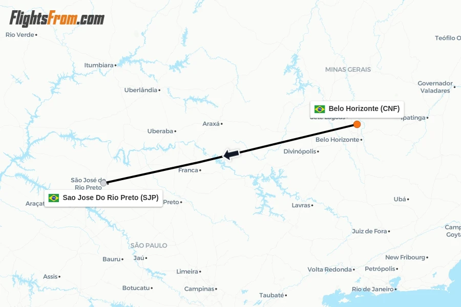Flights from Belo Horizonte to Sao Jose Do Rio Preto route map