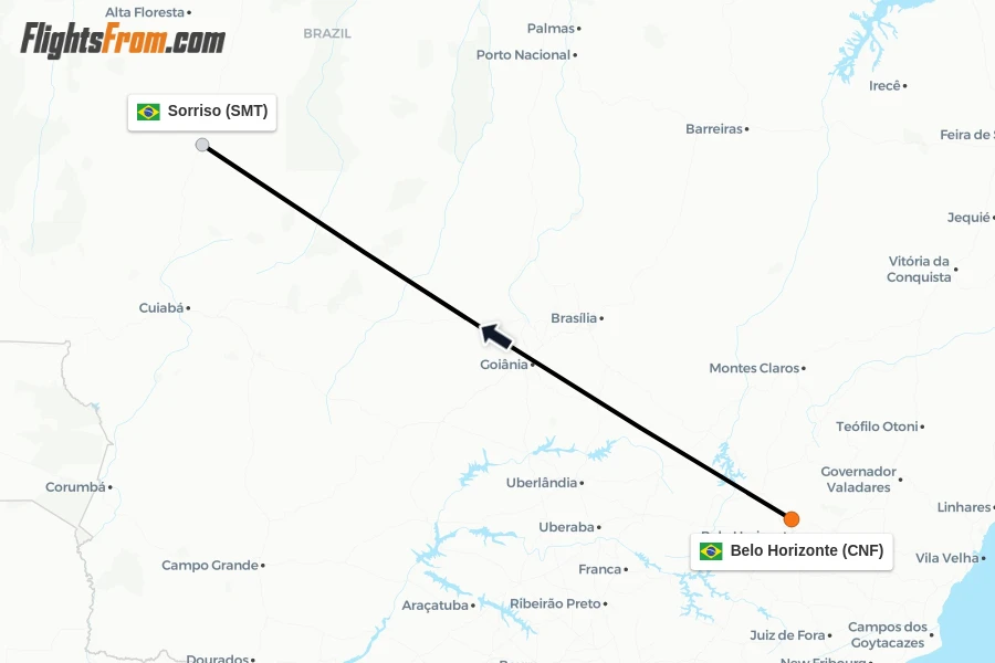 Flights from Belo Horizonte to Sorriso route map