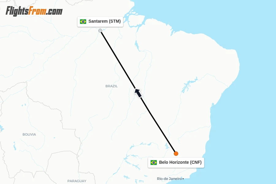 Flights from Belo Horizonte to Santarem route map