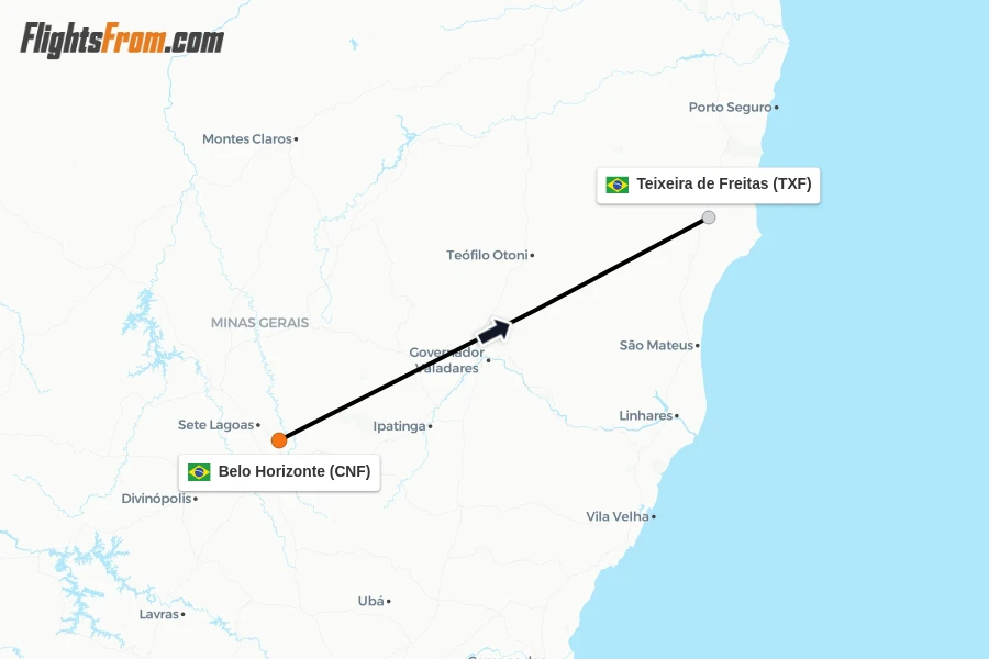 Flights from Belo Horizonte to Teixeira de Freitas route map