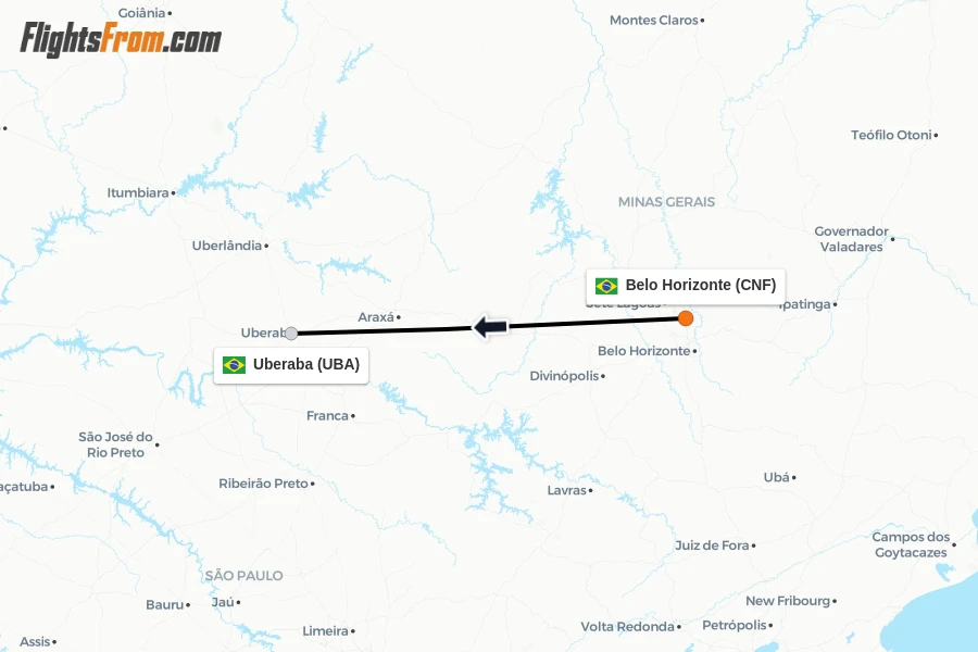Flights from Belo Horizonte to Uberaba route map