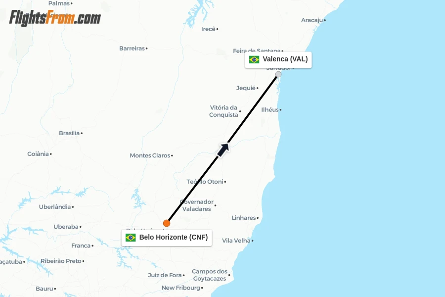 Flights from Belo Horizonte to Valenca route map