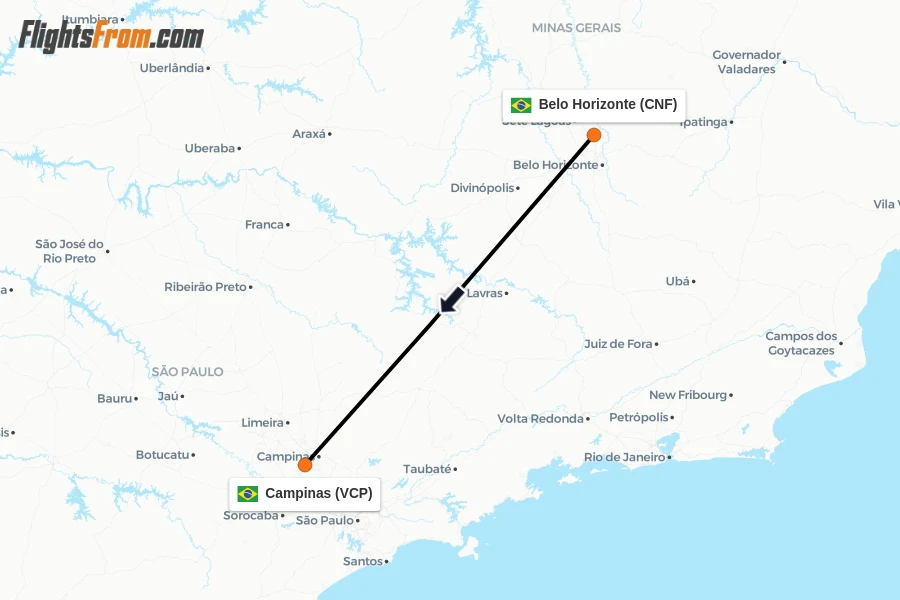 Flights from Belo Horizonte to Campinas route map