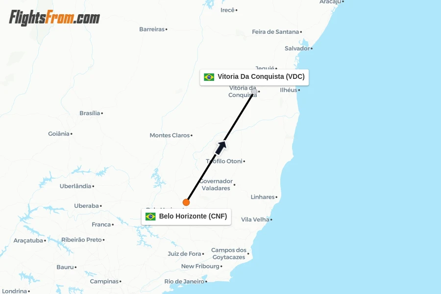 Flights from Belo Horizonte to Vitoria Da Conquista route map