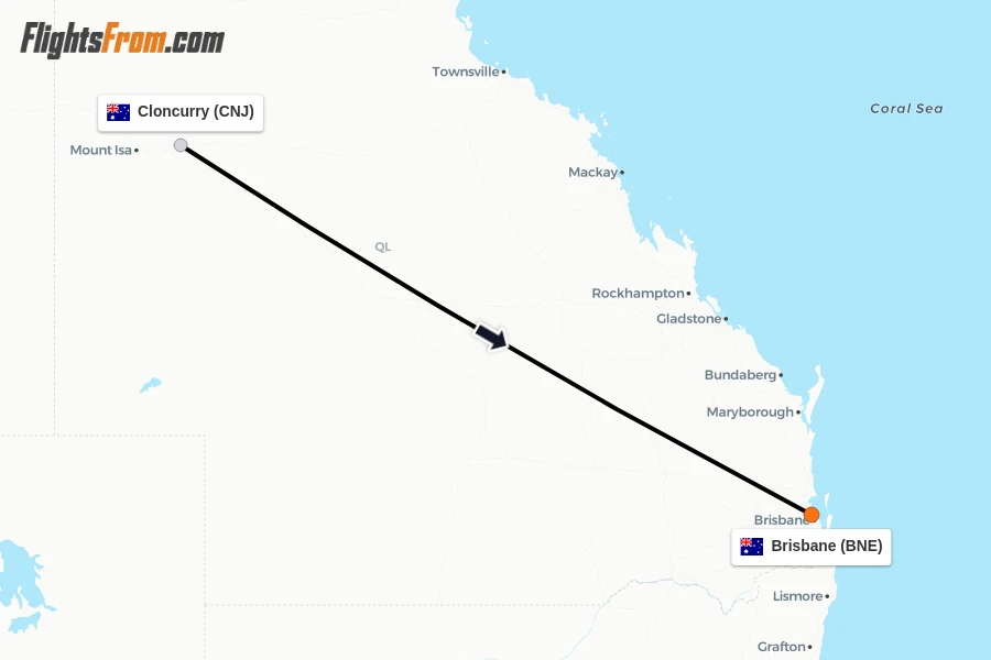 Flights from Cloncurry to Brisbane route map