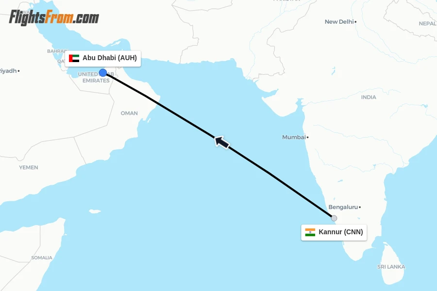 Flights from Kannur to Abu Dhabi route map