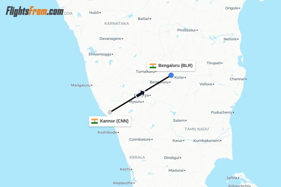 Flights from Kannur to Bengaluru route map