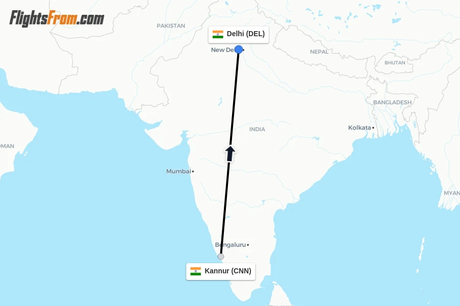 Flights from Kannur to Delhi route map