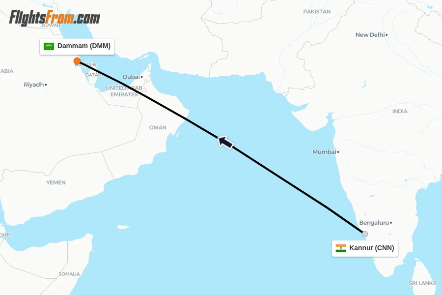 Flights from Kannur to Dammam route map