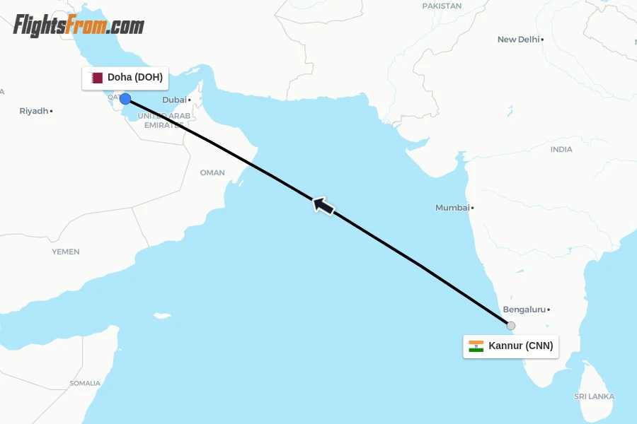 Flights from Kannur to Doha route map