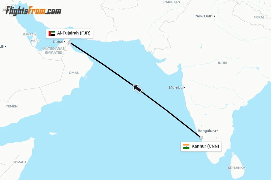 Flights from Kannur to Al-Fujairah route map