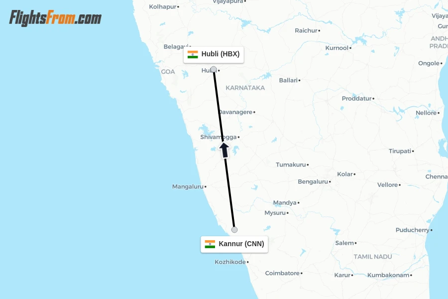 Flights from Kannur to Hubli route map