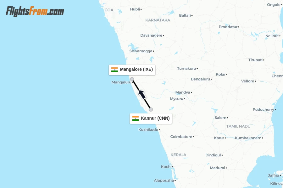 Flights from Kannur to Mangalore route map