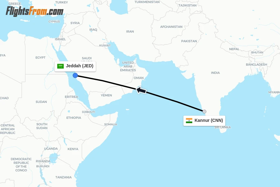 Flights from Kannur to Jeddah route map