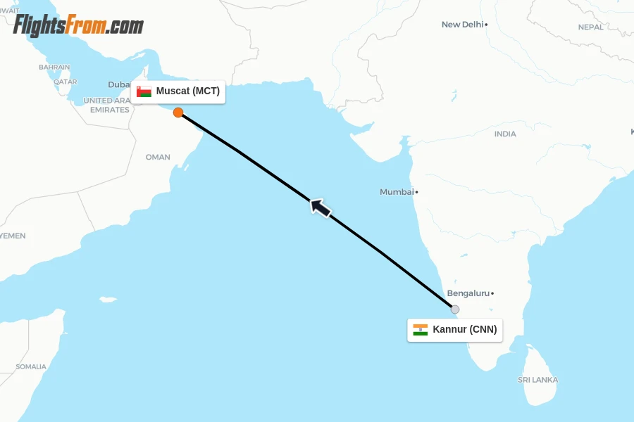 Flights from Kannur to Muscat route map