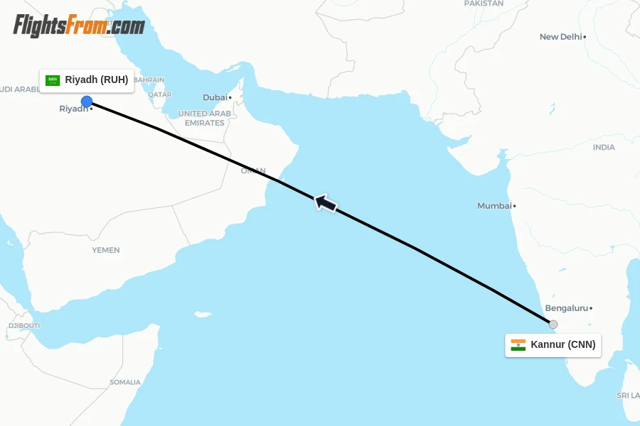 Flights from Kannur to Riyadh route map