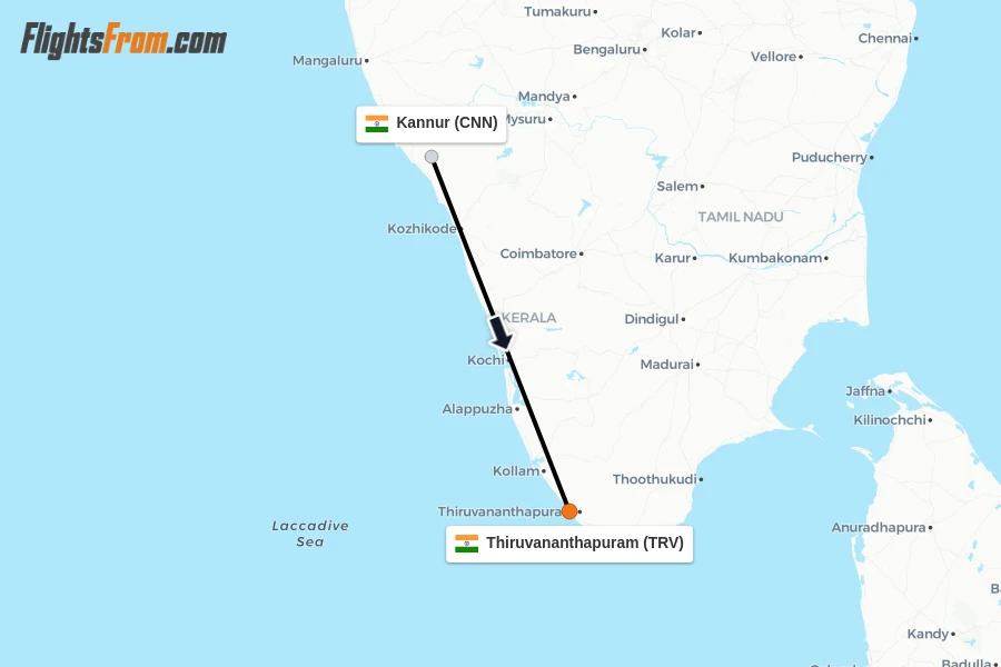 Flights from Kannur to Thiruvananthapuram route map