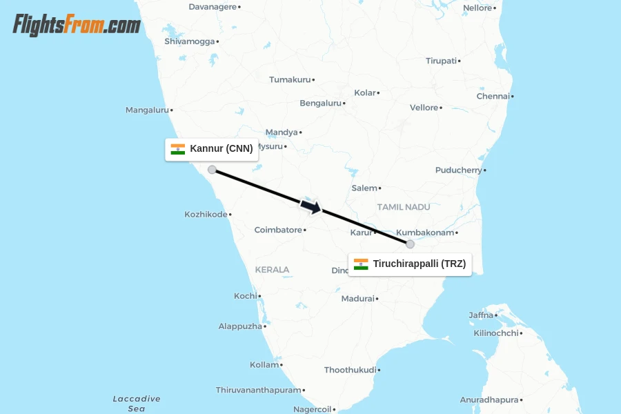 Flights from Kannur to Tiruchirappalli route map
