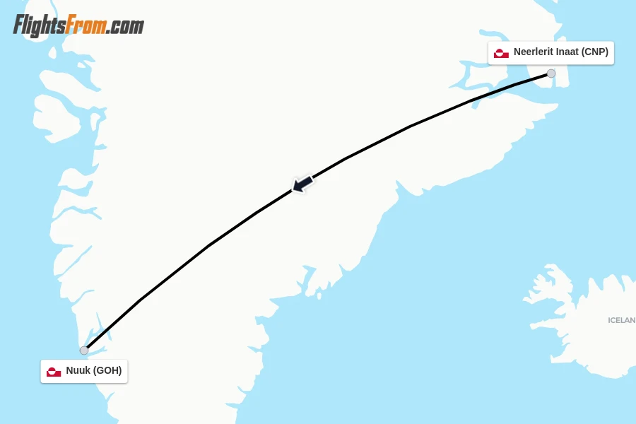 Flights from Neerlerit Inaat to Nuuk route map