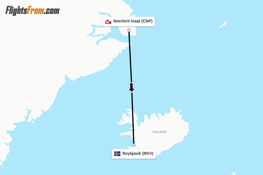 Flights from Neerlerit Inaat to Reykjavik route map