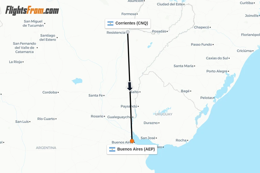 Flights from Corrientes to Buenos Aires route map