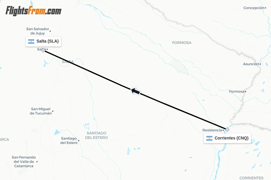 Flights from Corrientes to Salta route map