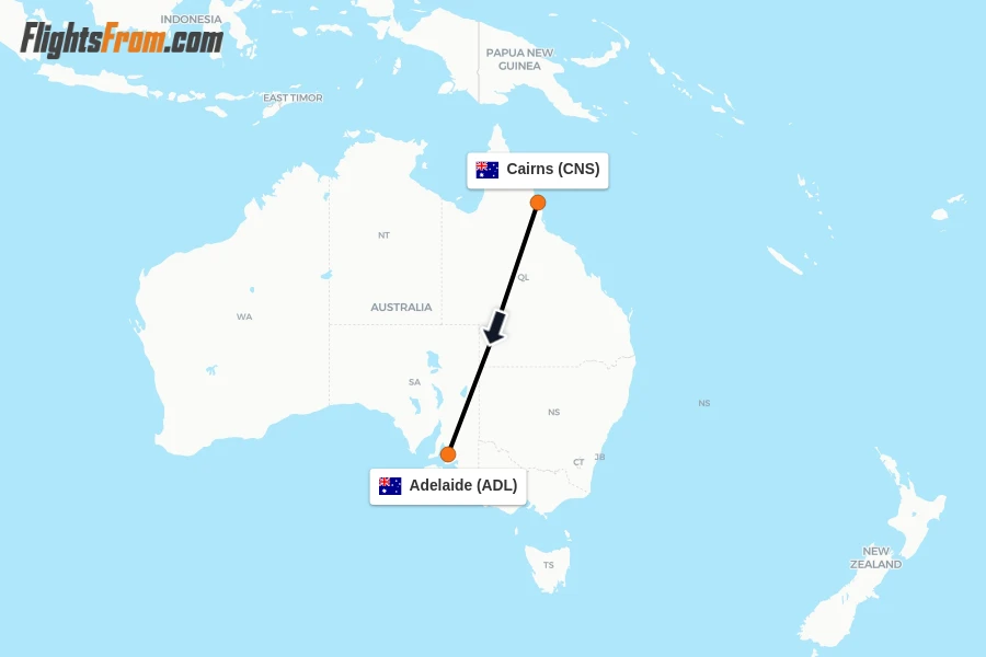 Flights from Cairns to Adelaide route map