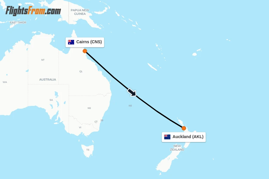 Flights from Cairns to Auckland route map