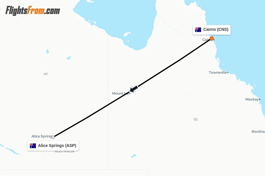 Flights from Cairns to Alice Springs route map