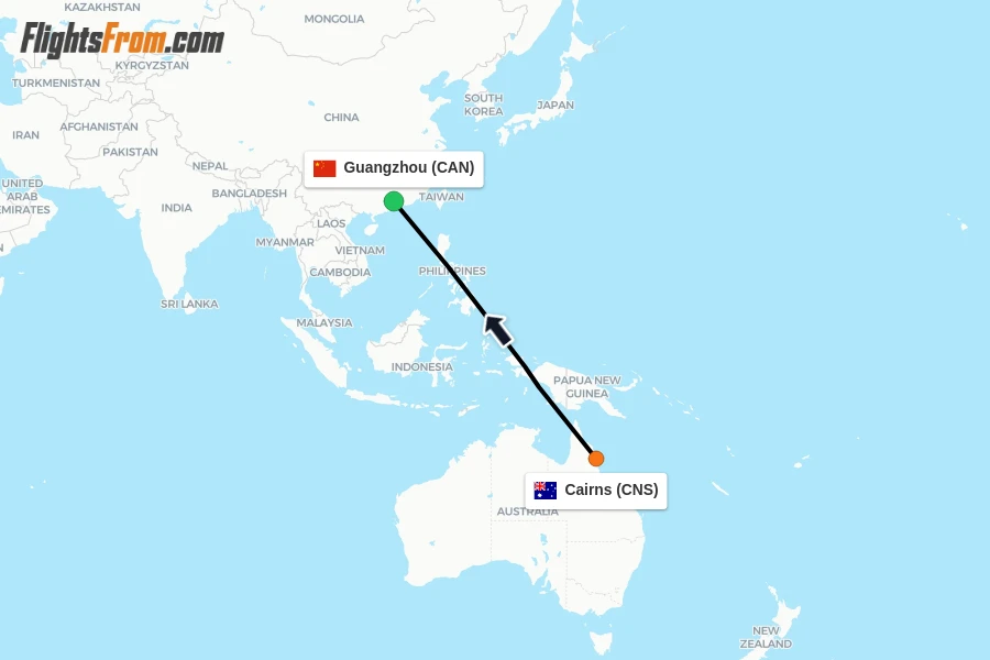Flights from Cairns to Guangzhou route map