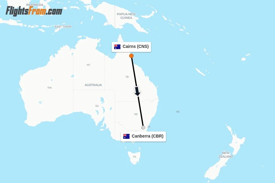 Flights from Cairns to Canberra route map