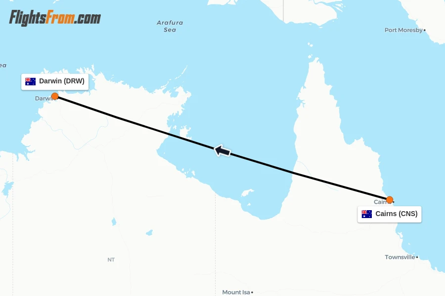 Flights from Cairns to Darwin route map