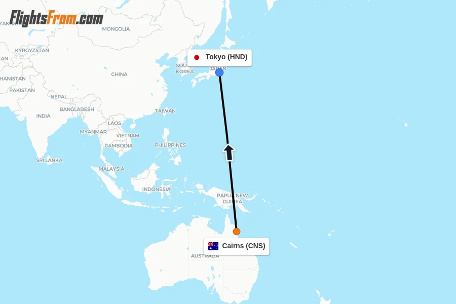 Flights from Cairns to Tokyo route map