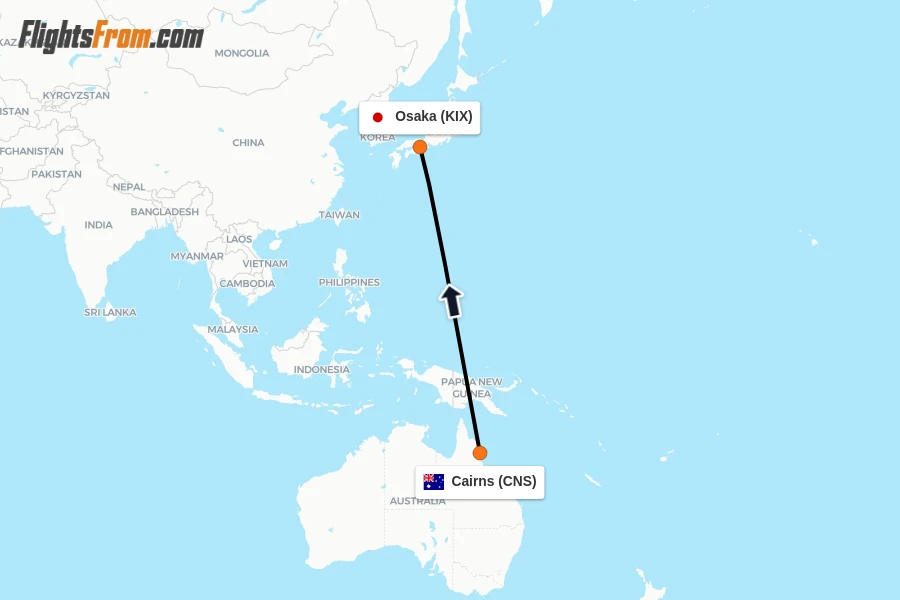 Flights from Cairns to Osaka route map